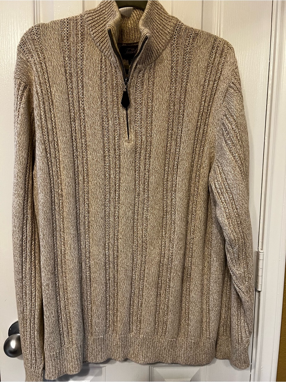 Tasso Elba Men's Tan/Beige Ribbed Half-Zip Cotton Sweater, Size M